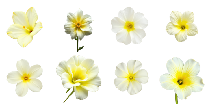 Collection of delicate yellow and white flowers isolated on transparent background featuring multiple angles and varieties with ample negative space for design purposes