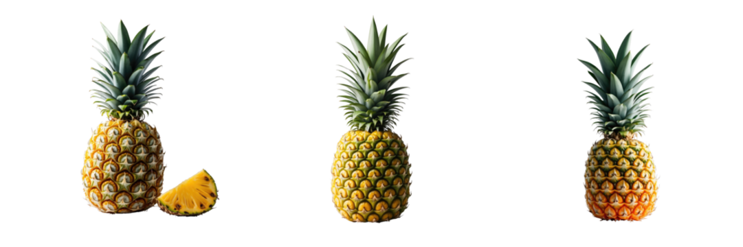 Three ripe pineapples featuring varying sizes and textures on a transparent background with one pineapple sliced to show the inner fruit against a dark backdrop.
