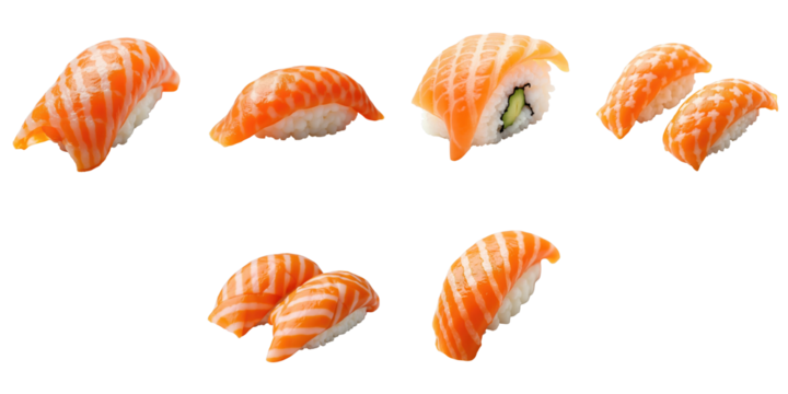 assorted sushi pieces with salmon topping displayed on transparent background showing sharp edges and high resolution detail