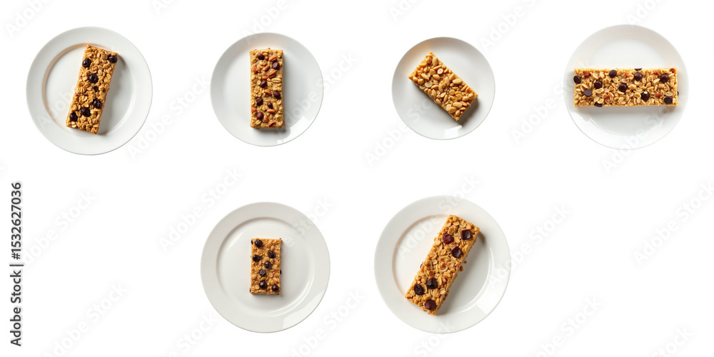 Poster assorted top view images of nutritious granola bars displayed on white plates against a transparent 