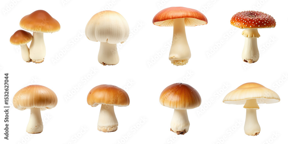 Aufkleber collection of various shimeiji mushrooms on a transparent background featuring multiple species with