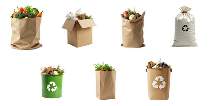 Assorted organic waste in different containers including bags, boxes, and bins emphasizing recycling and eco-friendly practices on a transparent background