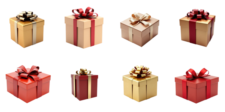 Collection of various luxury gift boxes with decorative ribbons in gold, red, and brown colors, isolated on a transparent background for versatile design use