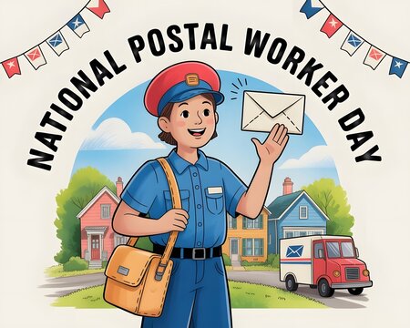 A vibrant, retro-style illustration celebrating National Postal Worker Day. Happy National Postal Worker Day: Smiling postal worker on bicycle.