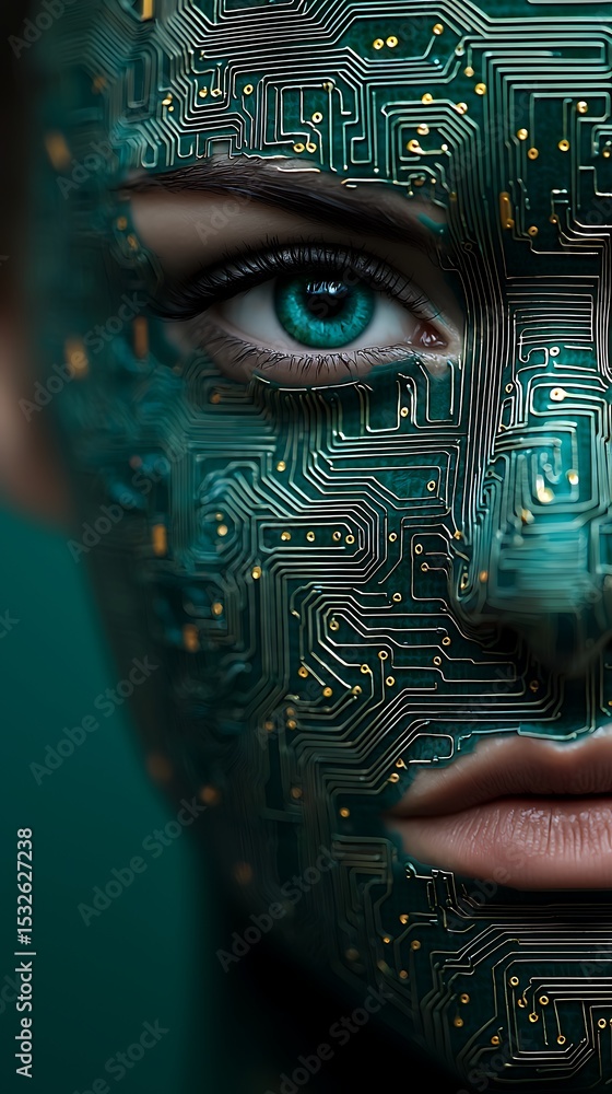 Poster a close-up of a human face merged with an intricate circuit board design, symbolizing the fusion of 