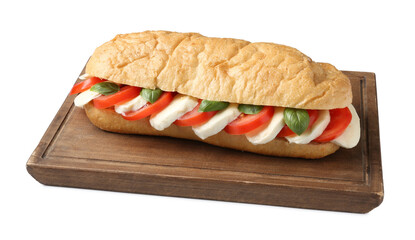 Tasty sandwich with mozzarella cheese, tomatoes and basil isolated on white