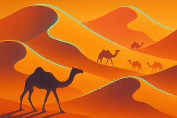 Dreamy desert landscape with camels, vibrant orange sand dunes and surreal evening light