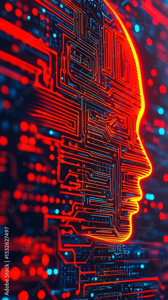 Poster a digital outline of a human face composed of glowing red and blue circuit patterns, symbolizing art