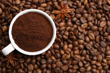 Cup with instant coffee powder and star anise on beans, top view. Space for text
