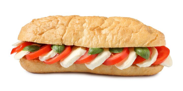 Tasty sandwich with mozzarella cheese, tomatoes and basil isolated on white