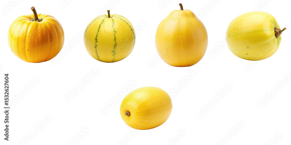 Poster various types of yellow melons arranged linearly on a transparent background with transparent elemen