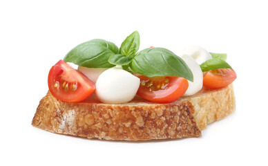 Tasty sandwich with mozzarella cheese, tomatoes and basil isolated on white