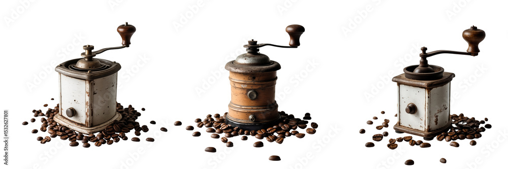 Poster set of three vintage coffee grinders with coffee beans arranged around them on a transparent backgro