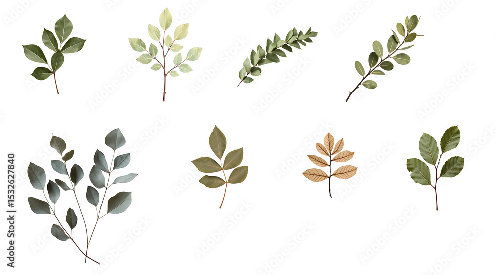 Poster collection of dried eucalyptus leaves in various shapes and colors isolated on transparent backgroun