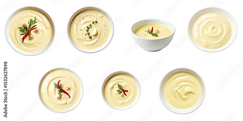 Poster collection of mayonnaise sauce in various bowls garnished with thyme and red pepper on a transparent