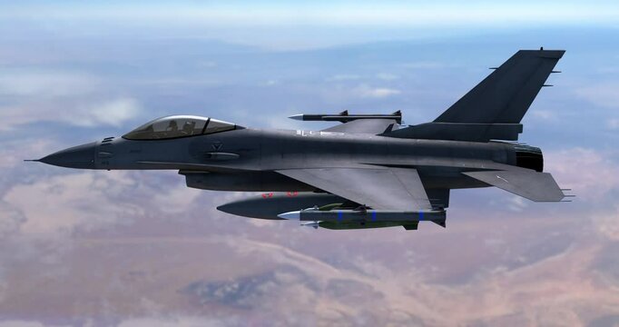 Tactical Fighter Jet in Stealth Flight Over Wasteland. War And Air Force Related 4K 3D Animation.