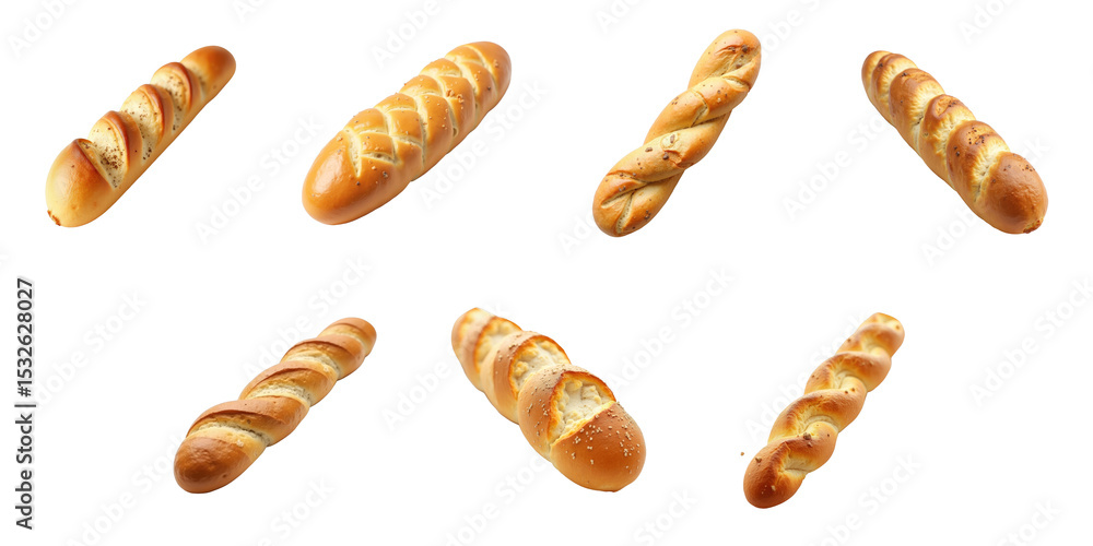 Poster multiple small rye baguettes displayed from various angles fully isolated on transparent background 
