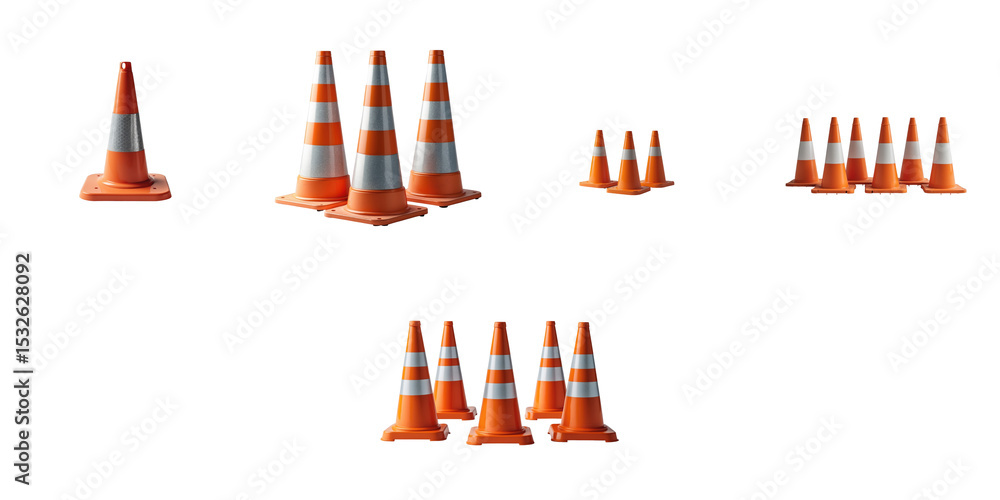 Poster traffic cones collection isolated on transparent background featuring various sizes and arrangements