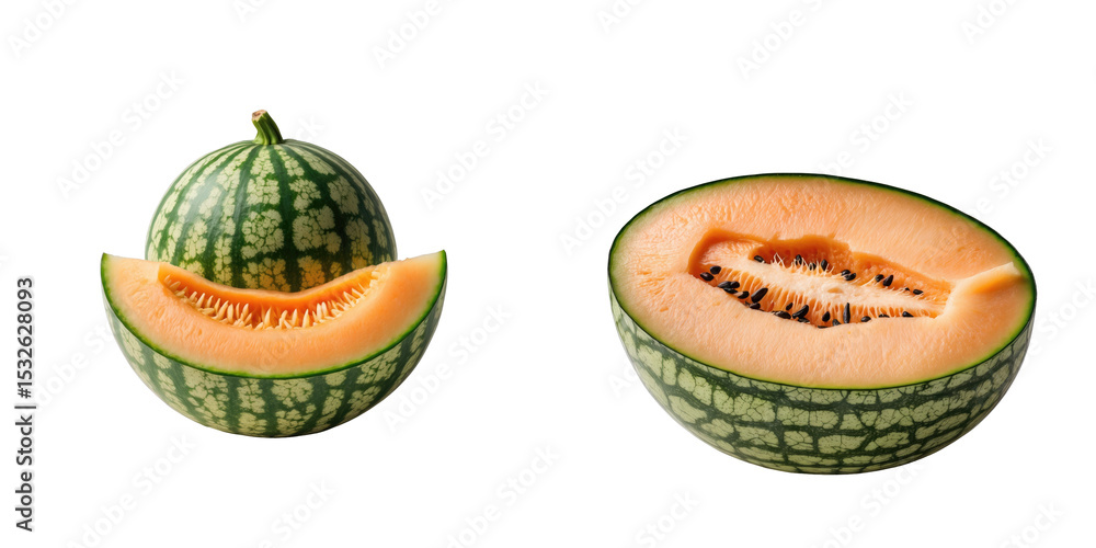 Poster cantaloupe fruit with one whole round melon's half and a cross-section showing inner flesh and seeds