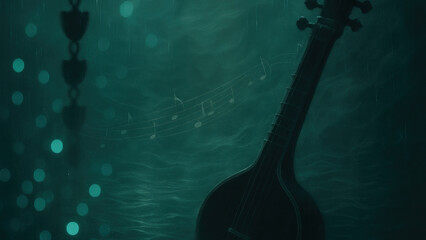 Emerald monsoon symphony, musical instrument silhouette in teal light, dreamy artistic mood