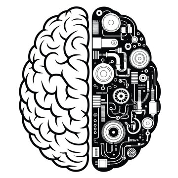 a stylized black and white brain illustration split into organic and mechanical hemispheres
