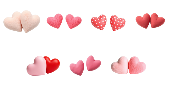 Set of various textured heart-shaped toys in differing colors and designs arranged in a horizontal layout on a transparent background for versatile use in creative projects.