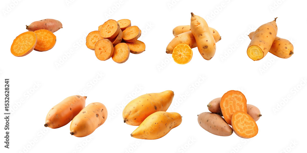 Poster dried sweet potato slices and whole tubers arranged on a transparent background showcasing different