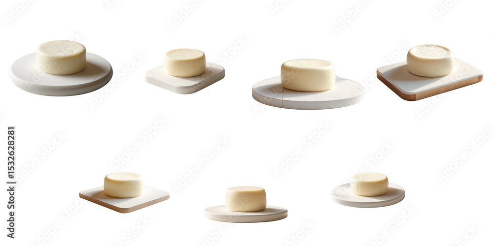 Poster variety of soft round cheese wheels displayed on multiple cutting boards with a transparent backgrou