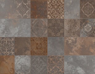 Old brown gray rusty vintage worn shabby patchwork motif tiles stone concrete cement