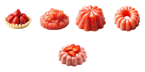 Assorted strawberry desserts including strawberry dacquoise, jelly, and molded sweets, isolated on a transparent background for culinary presentation.