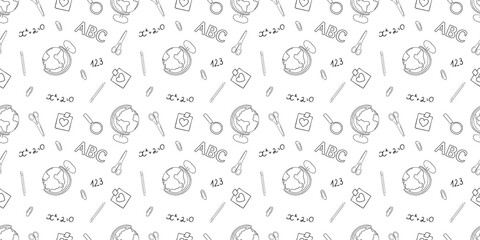 Seamless hand-drawn school pattern with globes, pencils, formulas, and more. Ideal for back to school, kids’ products, wrapping paper, fabrics, and education designs. Vector illustration