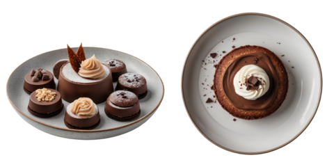 Chocolates and desserts presented on elegant white plates featuring chocolate dacquoise and assorted chocolate confections isolated on a transparent background