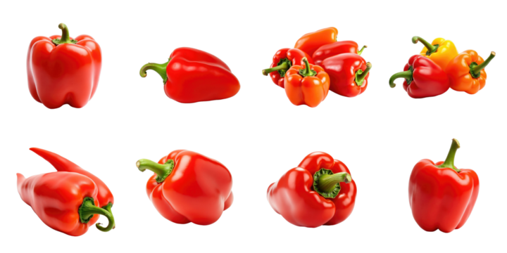Various types of fresh organic bell peppers including red, yellow, and orange, arranged on a transparent background, showcasing different shapes and sizes, ideal for food and beverage photography.