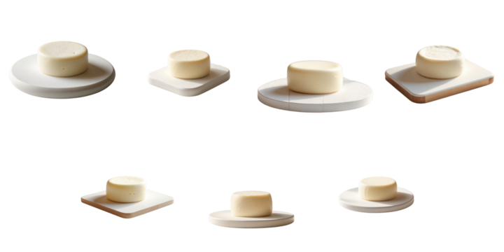 variety of soft round cheese wheels displayed on multiple cutting boards with a transparent background isolated on transparent surface
