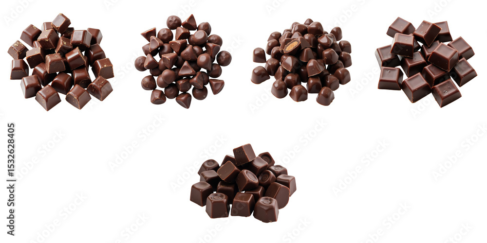 Poster variety of dark chocolate chunks displayed on a transparent background featuring different shapes an