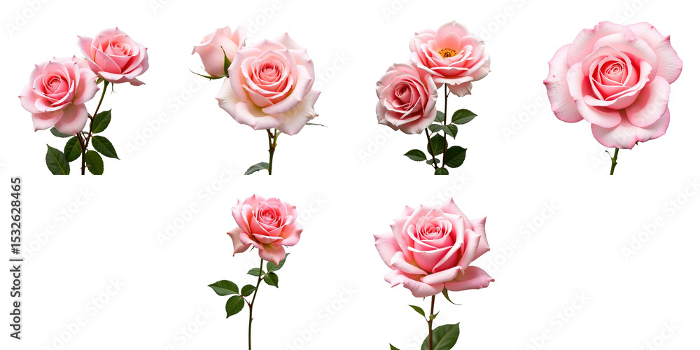 Poster pink roses in various arrangements displaying delicate petals and green leaves isolated on a transpa