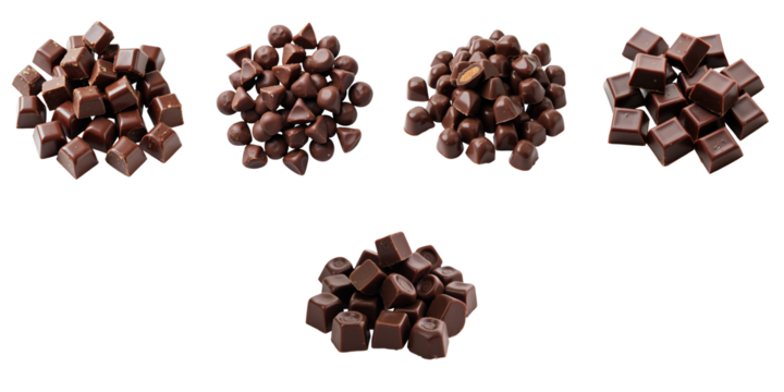 Variety of dark chocolate chunks displayed on a transparent background featuring different shapes and sizes including cubes, discs, and irregular pieces arranged attractively.