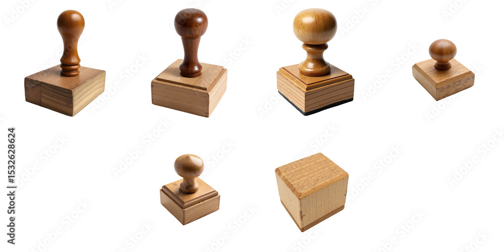 Poster collection of vintage wooden stamps with various shapes and sizes, isolated on a transparent backgro