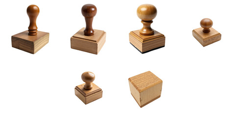 Collection of vintage wooden stamps with various shapes and sizes, isolated on a transparent background for versatility in design and presentation.