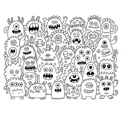 a whimsical and chaotic crowd of hand-drawn doodle monsters in playful black outline on white background © Asif137
