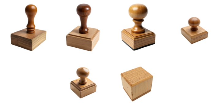 Collection of vintage wooden stamps with various shapes and sizes, isolated on a transparent background for versatility in design and presentation.