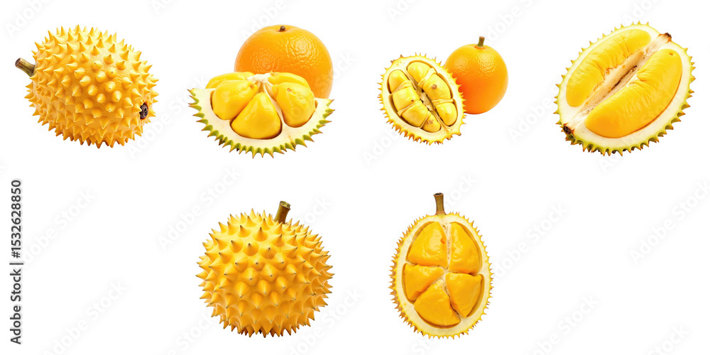 Poster durian and orange fruits isolated on transparent background showcasing various angles and cuts of bo