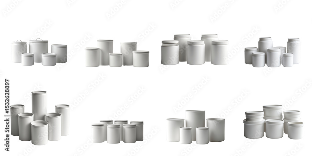 Poster group of various white cylindrical and round containers in different arrangements isolated on transp