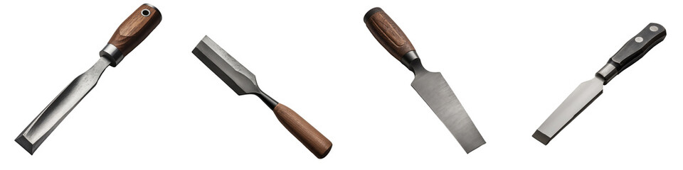 Set of four metal chisel knives with wooden handles isolated on transparent background showcasing...