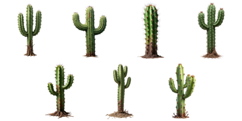 High-quality collection of multiple cactus plants displayed on a transparent background featuring various healthy and unhealthy fencepost cactus shapes and sizes with visible rotting and mold details.