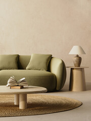 Fototapeta na wymiar 3d render of a Poster frame mock-up in green home interior background with lounge green sofa, table and decor in living room, 