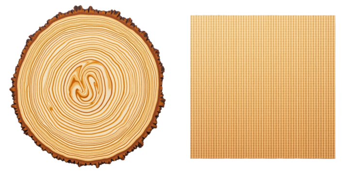 wood texture background featuring a cross section of tree rings on one side and a square patterned wood grain texture on transparent background