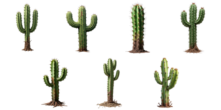 High-quality collection of multiple cactus plants displayed on a transparent background featuring various healthy and unhealthy fencepost cactus shapes and sizes with visible rotting and mold details.