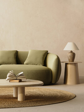 3d render of a Poster frame mock-up in green home interior background with lounge green sofa, table and decor in living room,	
