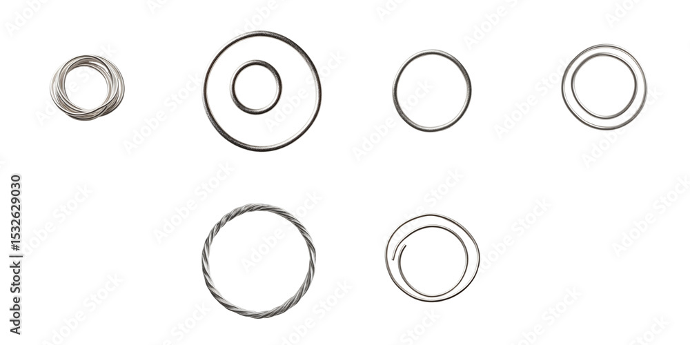 Poster various silver metallic loops displayed on a transparent background featuring different sizes and tw